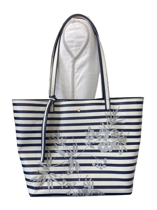 Tommy Bahama Handbags - Tommy Bahama Floral Stripe Tote W/Pouch Navy White Faux Leather Travel Beach 90s
